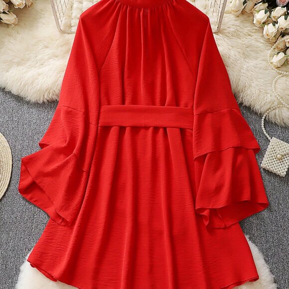 Red Glam Women's V-Neck Asymmetrical Tie-Up Long Sleeve Loose Mini Dress - Picture 4 of 8
